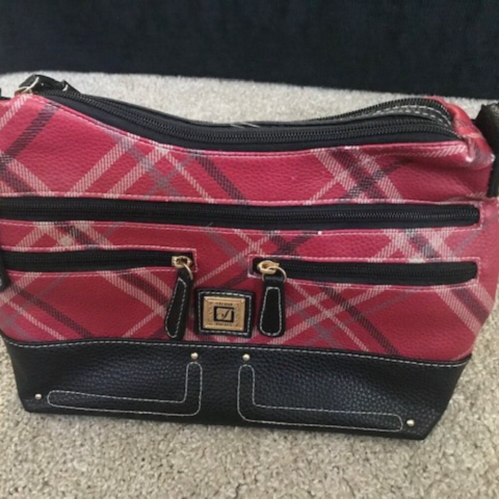 STONE MOUNTAIN LEATHER RED PLAID SHOULDER HANDBAG. LOTS COMPARTMENTS/POCKETS